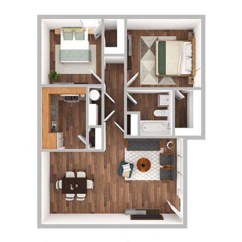 Gable Oaks 2 bedroom 1 bathroom Unit B 3D Floorplan with kitchen appliances and hardwood floors